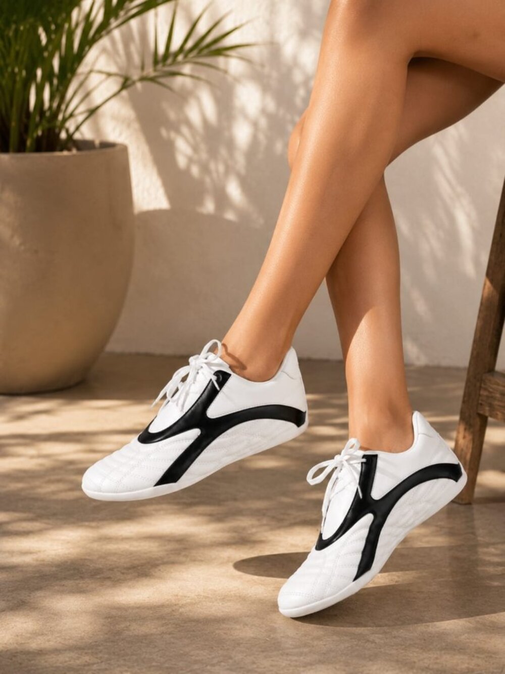 Quilted White Sneakers With Black Contrast Detailing Womens Casual Athletic Shoe
